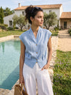 100% Linen Surplice Neck Elasticated Back Cropped Shirt VALERIA