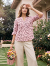 Linen Paisley Pintucked Ruffle-Cuff Curved Hem Blouse ILARIA