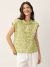 Linen Geometric Floral Stand-Collar Top DELPHINA