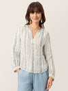 Linen Tribal Stripe Split Neck Bohemian Blouse KERENZA